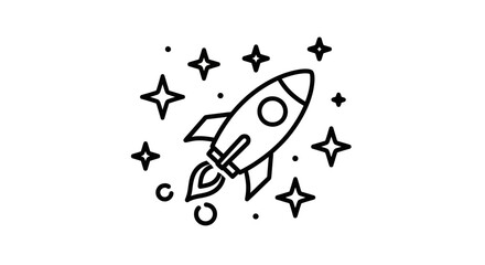 Elegant outlined vector drawing featuring a rocket ship with stars on a white isolated background