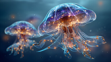 Obraz premium Glowing Jellyfish in Ocean | Bioluminescent Jellyfish | Ocean Life 
