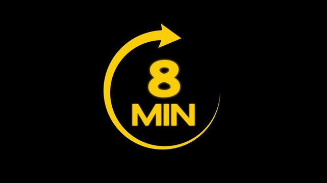 Circular arrow refresh timer icon 8 Min animation. arrow refresh icon and 8 min timer icon animation on black background. 8 Minutes Time Loop Motion Design