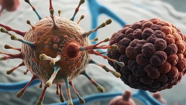  Three-Dimensionally Rendered Visualization of Natural Killer Immune Cell Attacking and Eliminating Malignant Cancer Cell