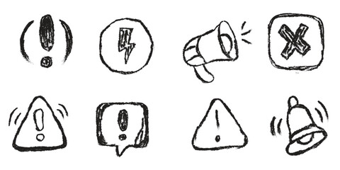 Doodle Attention Sign Icon Set – Hand-Drawn Caution and Warning Symbols Vector Collection