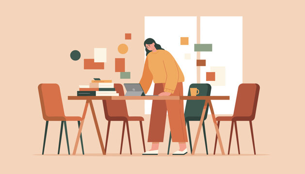 Focused woman uses laptop at modern office desk Remote work business meeting or education illustration