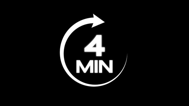 arrow refresh icon and 4 min timer icon animation on black background. Circular arrow timer icon 4 Min animation. 4 Minutes Time Loop Motion Design