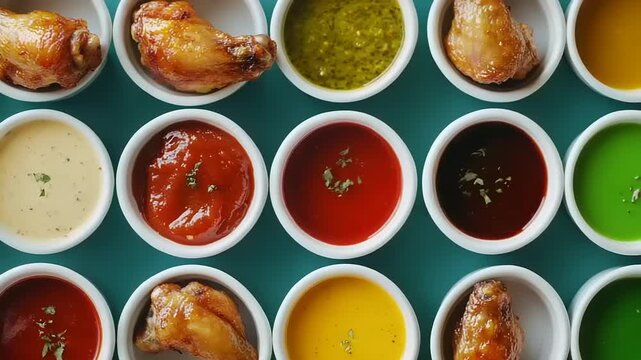 Assortment of fried poultry pieces served with multiple dipping condiments