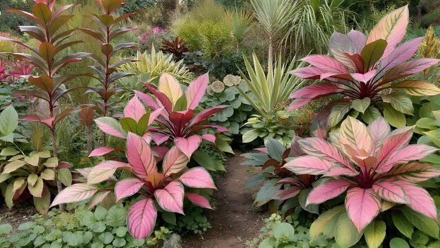 visually striking assemblage of foliage exhibiting natural patterns of varied pigmentation within a cultivated plant collection