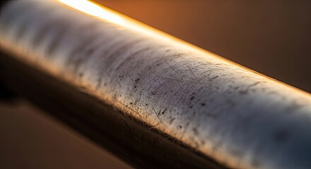 Close-up of a scratched metal railing with sunlight highlighting imperfections and texture