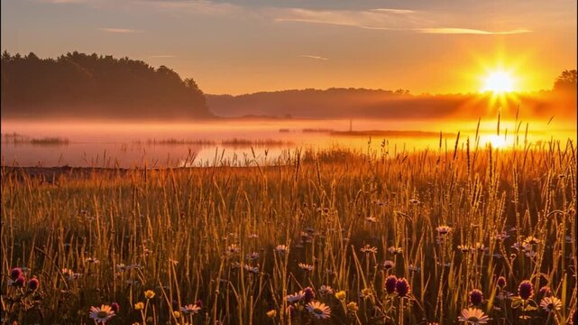 Sunrise mist over wildflower meadow and calm lake with tall grass, vibrant nature scene in peaceful morning light
