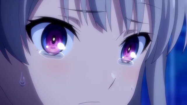 Close up of anime girls expressive purple eyes with tears.
