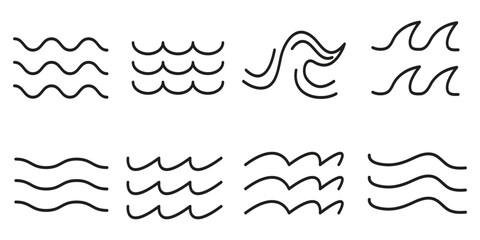 Sea Wave Icon Set – Thin Line Water, Lake, and River Wave Vector Collection