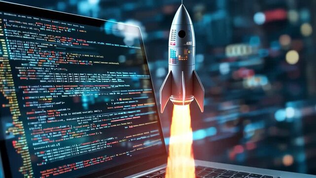 Rocket launching from laptop, symbolizing startup success and rapid growth.