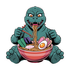 Obraz premium Monster Eating Ramen Noodles Cartoon Illustration