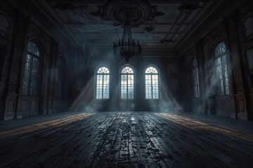 Fototapeta premium An abandoned gothic ballroom illuminated by soft moonlight. Dusty floors and broken chandeliers form a cinematic and eerie composition. 