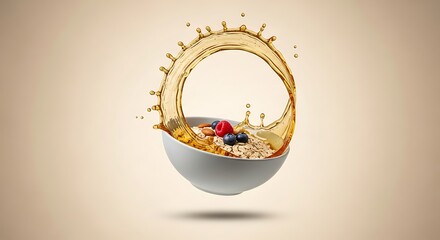 Bowl of healthy breakfast cereal with berries and nuts with a splash of liquid on a light background for food advertising