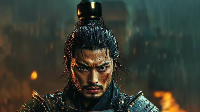 Fierce samurai warrior in armor, standing strong amidst rain and fire.