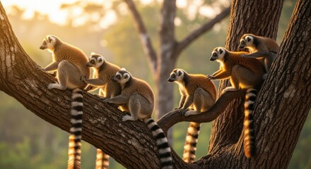 Obraz premium Ring-tailed lemurs perched peacefully on a tree branch under the sunrise light