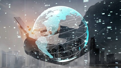 A businessman interacts with a smartphone amidst a digital globe and financial data, illustrating the fusion of technology and global business communication. Xenic