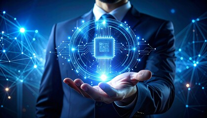 Futuristic technology concept with a businessman holding a glowing processor in his hand, representing innovation, connectivity, and artificial intelligence