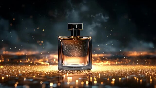 Elegant perfume bottle with golden light and bokeh. Luxury fragrance concept.