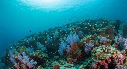 Fototapeta premium Underwater coral reef ecosystem with vibrant marine life and sunlight.