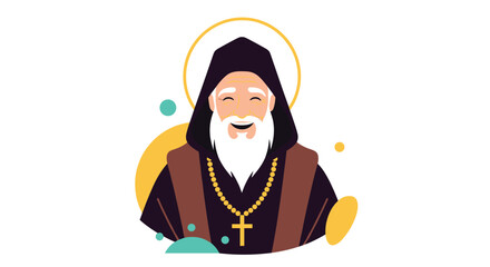 A cheerful cartoon depiction of an old bearded monk or saint in a hooded robe, wearing a rosary with a cross and a halo.