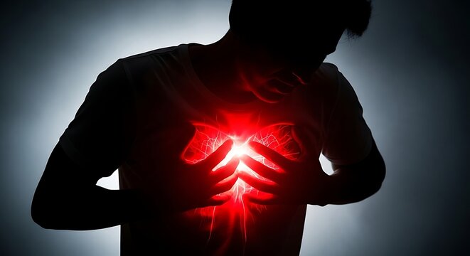Man experiencing intense chest pain with glowing red effect on his heart area - Powered by Adobe