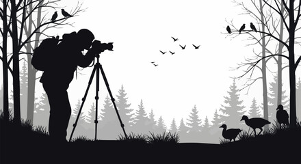 Silhouette of a photographer with a professional camera on a tripod.