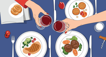 A top-down view of two people toasting with red wine glasses at a dinner table set with various dishes and a blue tablecloth.