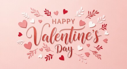 Elegant Valentines Day Design with Hearts and Foliage on a Pink Backdrop