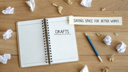 Blank Notebook on Wooden Table Surrounded by Crumpled Paper and Pencil with Creative Note About Saving Space for Better Words