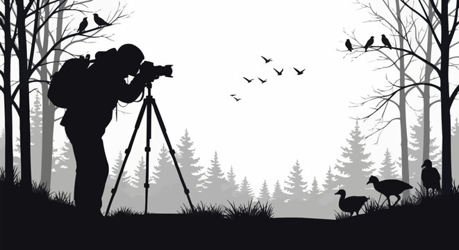Silhouette of a photographer with a professional camera on a tripod.