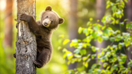 Obraz premium Cute Brown Bear Cub Climbing Tree in Forest Scene