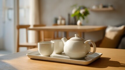 Elegant Tea Set on Tray in Bright Modern Living Space