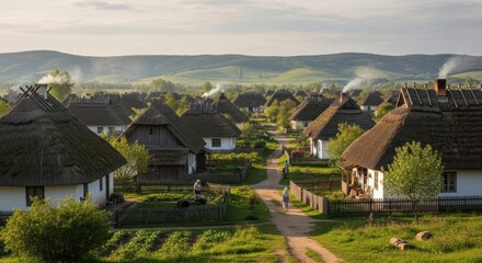 Idyllic village panorama with traditional thatched roof houses at sunrise