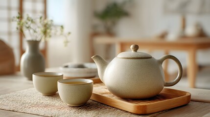 Serene Teapot and Cups on Wooden Tray in Cozy Bright Interior