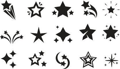 Black Star Shapes Vector Collection – Classic, Shooting, and Glowing Star Icons for Logos and Badges