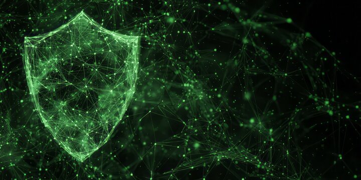 Digital shield symbolizes data security and network protection.