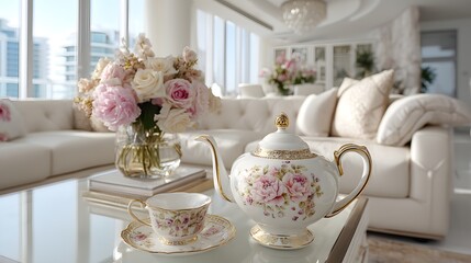 Elegant tea setup with floral teapot and cup in modern living room
