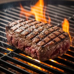 Juicy steak sizzling on the grill with flames licking the surface
