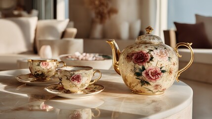 Elegant Tea Set with Floral Design on Marble Table in Soft Light
