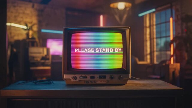 Vintage Television Displays Please Stand By Message with Retro Color Bars and Static Noise