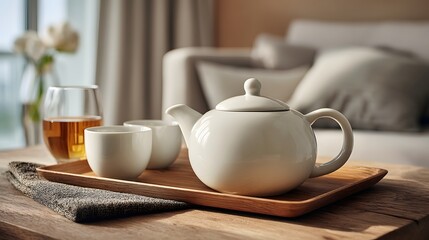 Elegant Tea Service in Cozy Living Room Setting with Natural Light