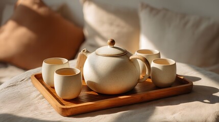 Elegant Tea Set Arrangement on Bamboo Tray with Soft Lighting