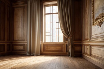 Elegant wooden room with a tall window and flowing drapes.