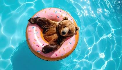 Lazy summer days: A bear enjoying a relaxing float on a donut in a pool