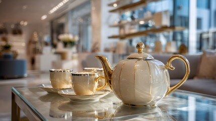 Elegant Teapot and Cups Set on a Stylish Table in Modern Interior