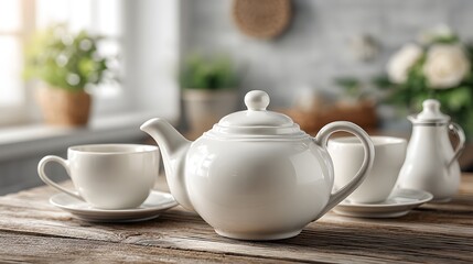 Elegant White Teapot and Cups on Rustic Wooden Table Setting