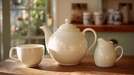 Elegant White Teapot and Cups in Sunny Kitchen Setting