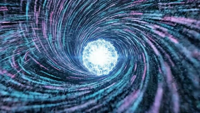 Abstract digital vortex with glowing core and swirling data streams
