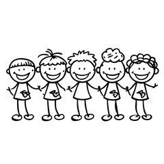 Six happy doodle kids in a row