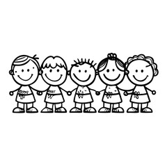 Six happy doodle kids in a row